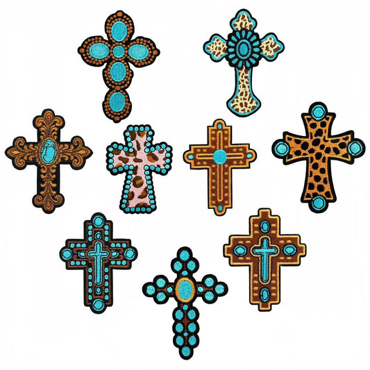 Western Cross Iron-On Patches, Vintage Christian Embroidery Patches